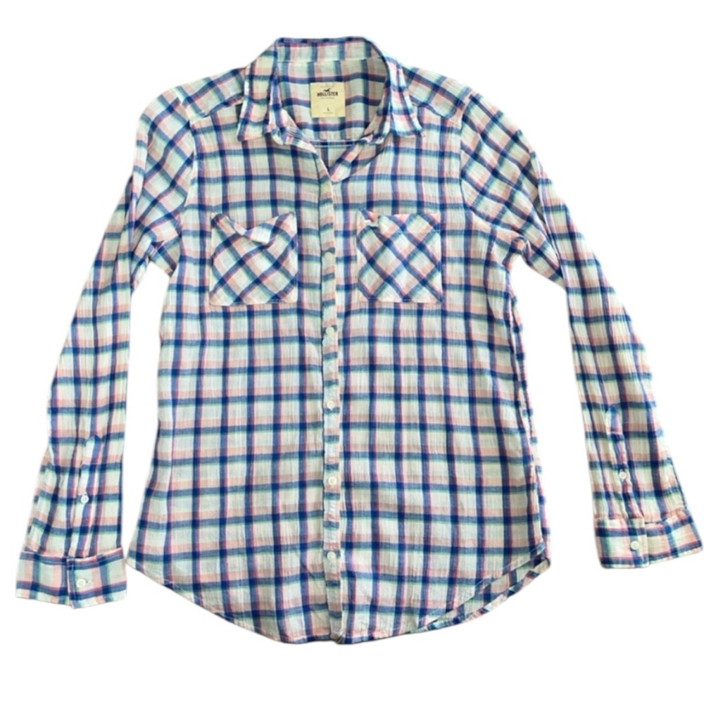 Hollister Plaid Blue, White, Pink Flannel Button Down Size Large JUNIORS